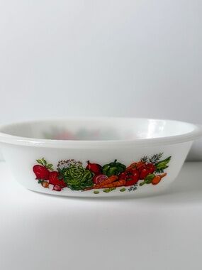 Vintage Glasbake Vegetable Pattern Casserole Baking Dish J514 2 Qt Made in USA
